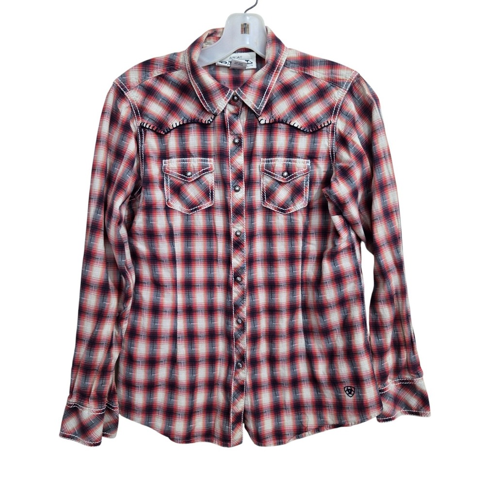Ariat Real Womans Size M Plaid L/S Western Shirt Embossed metal snaps Cowgirl - Picture 2 of 12